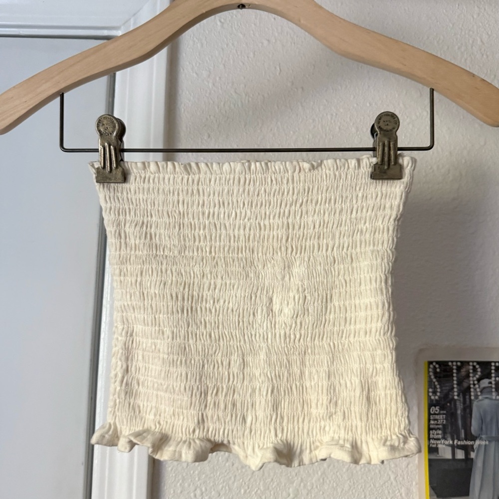 MONDAY SWIMWEAR ivory cream linen rayon smocked ruched bodice strapless tube top